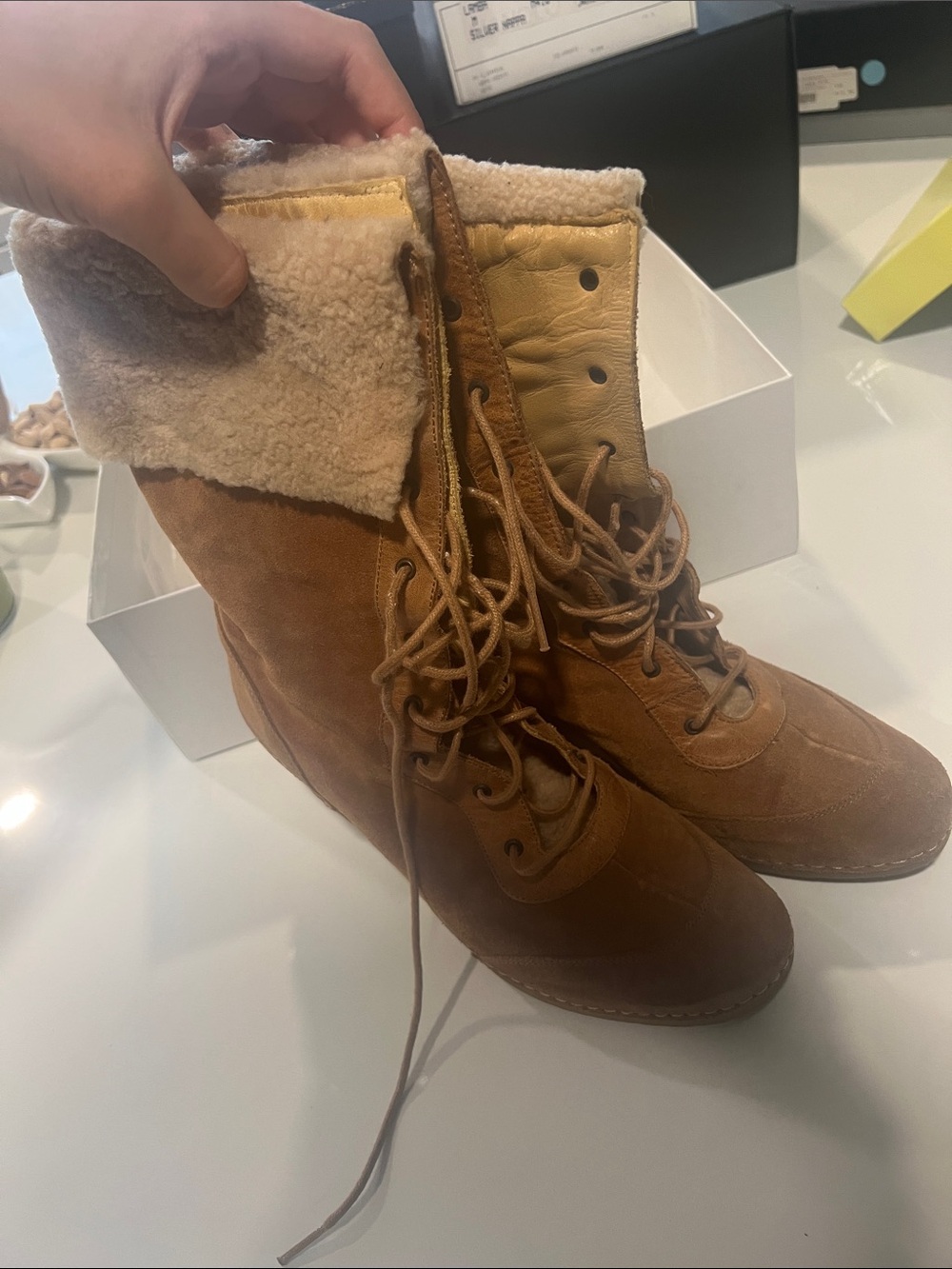 bettye muller White and Yellow Lace-Up Boots